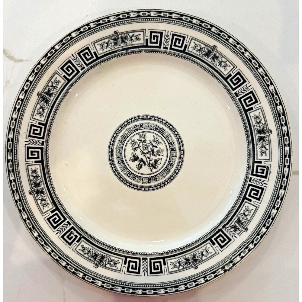 Doulton Pompeii Greek Key Black & White Roses Ceramic Dinner Plate 10 in